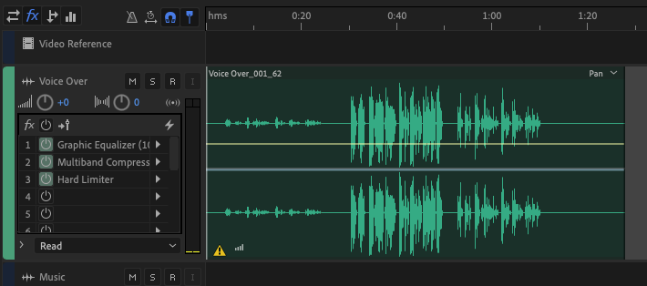 A screenshot of three different voices in Audition from eleven Labs. Note the volume levels are not consistent.