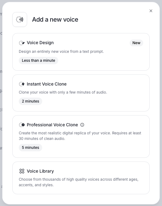 The voice cloning options in Eleven Labs